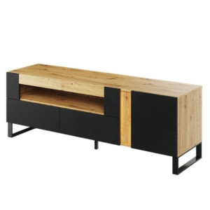 Szafka RTV z oświetleniem, MONO, dąb evoke, czarny, MAT 150x41x52 cm