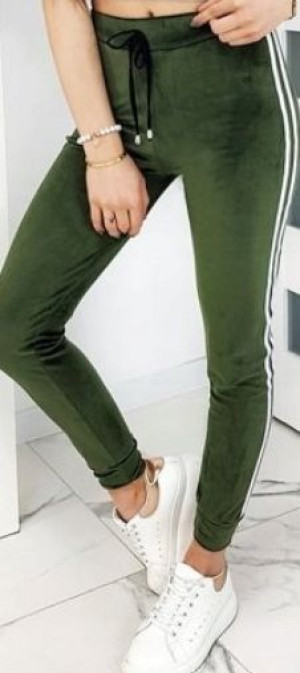 Spodnie Damskie Welurowe Khaki Z Lampasami S/m