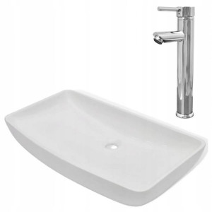 Umywalka Nablatowa Ceramiczna Z Baterią Biała
