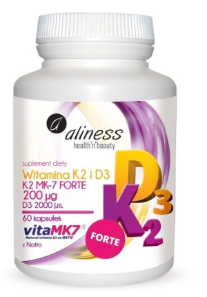 Aliness, Witamina K2 i D3 Forte 200mcg, 60 kapsułek - Długi termin ważności