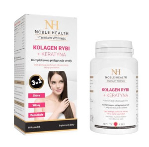 Noble Health, Kolagen rybi + Keratyna, 60 kapsułek - Długi termin ważności!
