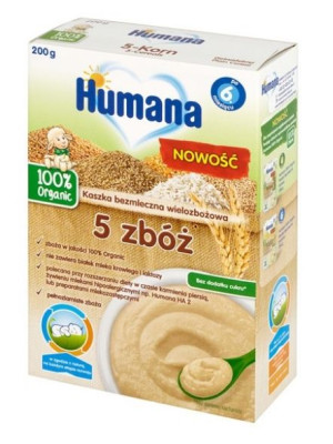 Humana 100% Organic Kaszka bezmleczna 5 zbóż 6m+ 200g - Długi termin ważnoś
