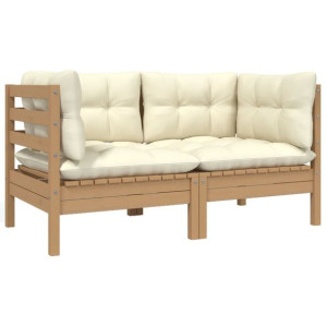 2-osobowa sofa ogrodowa z kremowymi poduszkami, drewno sosnowe