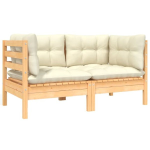 2-osobowa sofa ogrodowa z kremowymi poduszkami, drewno sosnowe