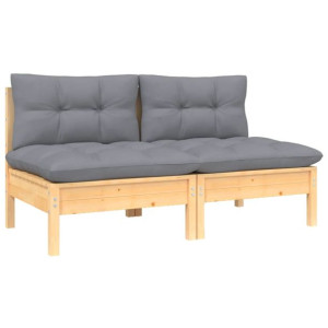 2-osobowa sofa ogrodowa z szarymi poduszkami, drewno sosnowe