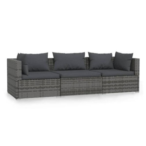 3-osobowa sofa z poduszkami, szara, polirattan