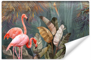 Fototapeta Do Sypialni FLAMINGI Liście Tropikalne Natura 3D 450cm x 300cm
