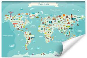 Fototapeta Młodzieżowa Nauka Mapa ŚWIATA Zabytki Kultura 3D 405cm x 270cm