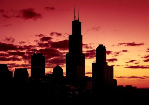 Chicago’s skyline appears in silhouette at sunset., Carol Highsmith - plaka