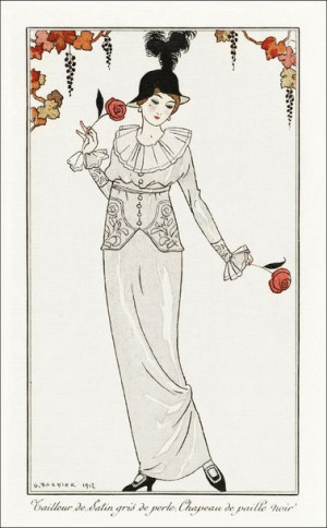 Costumes Parisiens, no. 8: Tailleur de Satin gris de perle. Chapeau de pail