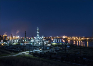Dusk shot of an industrial scene along the road from Port Arthur to Sabine