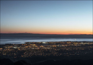 Dusk shot of Santa Barbara, California, and the Pacific shore, taken from b