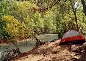 Havasu Creek flows past a campground between Mooney Falls and Havasu Falls,