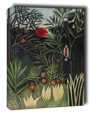Monkeys and Parrot in the Virgin Forest - obraz na płótnie 40x50 cm