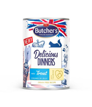 BUTCHER'S Delicious Dinners z pstrągiem kawałki w galaretce 24x400g (kot)