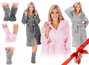 Szlafrok Gruby Miękki Cieplutki + Skarpetki L/XL
