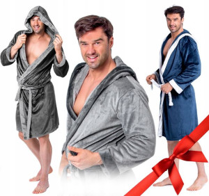 Szlafrok Męski Miękki Cieplutki Z Kapturem roz M/L