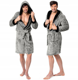 Szlafrok Męski Huggy Szary Melanż Miękki Gruby S/M