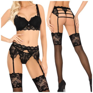 Koronkowy komplet Stanik Push-Up Pończochy Pas S/M Anica Black - S/M