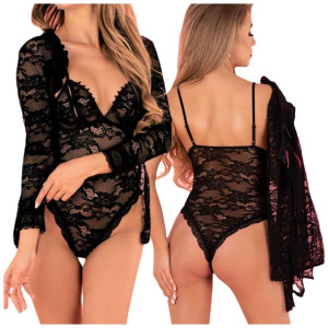 Koronkowy komplet Body Szlafrok Czarny Seksi S/M Silomin LC 1401 - S/M