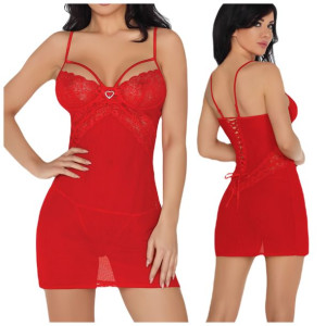 Romantyczna koszulka nocna czerwona + stringi S/M Lyndsay CF 90388 - S/M