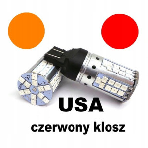 W21/5W LED 7443 12-24V CANBUS pomarańczowo-czerwona przebija czerwony klosz