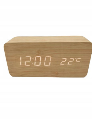Zegar budzik Termometr LED Drewniany Data Alarm