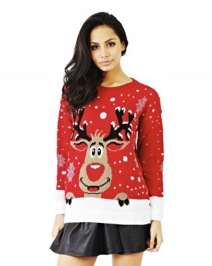 Czerwony Sweter świąteczny z reniferem Rozmiar:M/L