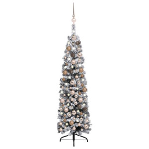 Smukła choinka ośnieżona z LED i bombkami, zielona, 120 cm