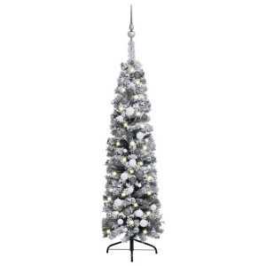 Smukła choinka ośnieżona z LED i bombkami, zielona, 120 cm