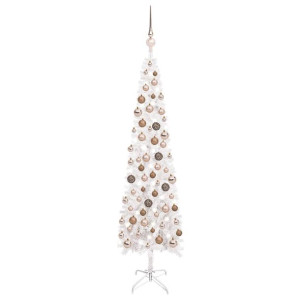 Smukła choinka z lampkami LED i bombkami, biała, 120 cm