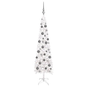 Smukła choinka z lampkami LED i bombkami, biała, 120 cm