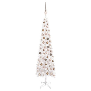 Smukła choinka z lampkami LED i bombkami, biała, 150 cm