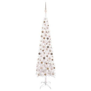 Smukła choinka z lampkami LED i bombkami, biała, 240 cm