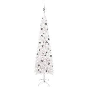 Smukła choinka z lampkami LED i bombkami, biała, 240 cm