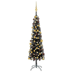 Smukła choinka z lampkami LED i bombkami, czarna, 150 cm