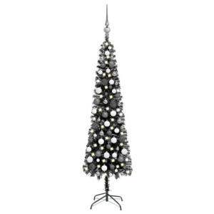 Smukła choinka z lampkami LED i bombkami, czarna, 150 cm