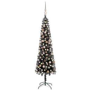 Smukła choinka z lampkami LED i bombkami, czarna, 240 cm