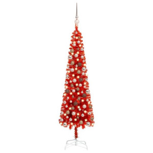 Smukła choinka z lampkami LED i bombkami, czerwona, 120 cm