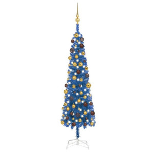 Smukła choinka z lampkami LED i bombkami, niebieska, 150 cm
