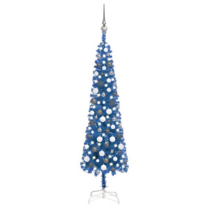 Smukła choinka z lampkami LED i bombkami, niebieska, 150 cm