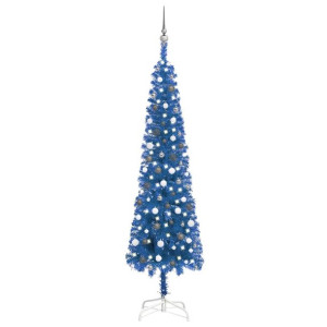 Smukła choinka z lampkami LED i bombkami, niebieska, 240 cm