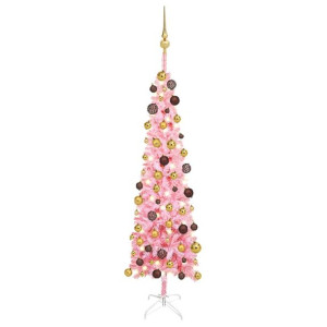 Smukła choinka z lampkami LED i bombkami, różowa, 120 cm