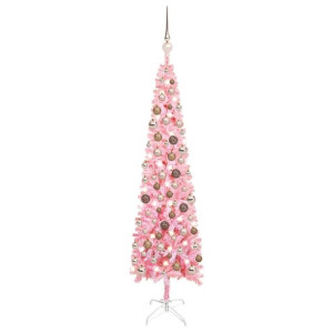 Smukła choinka z lampkami LED i bombkami, różowa, 120 cm
