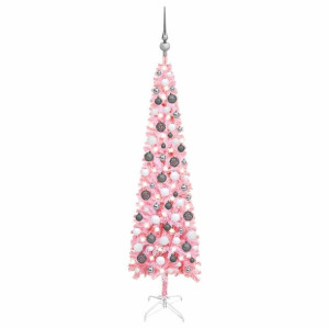 Smukła choinka z lampkami LED i bombkami, różowa, 120 cm