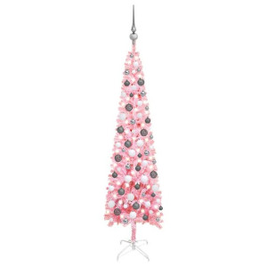 Smukła choinka z lampkami LED i bombkami, różowa, 150 cm