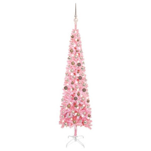 Smukła choinka z lampkami LED i bombkami, różowa, 180 cm
