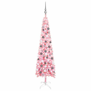 Smukła choinka z lampkami LED i bombkami, różowa, 180 cm