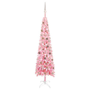 Smukła choinka z lampkami LED i bombkami, różowa, 210 cm