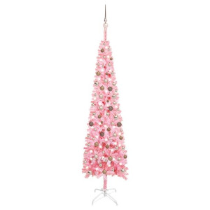 Smukła choinka z lampkami LED i bombkami, różowa, 240 cm